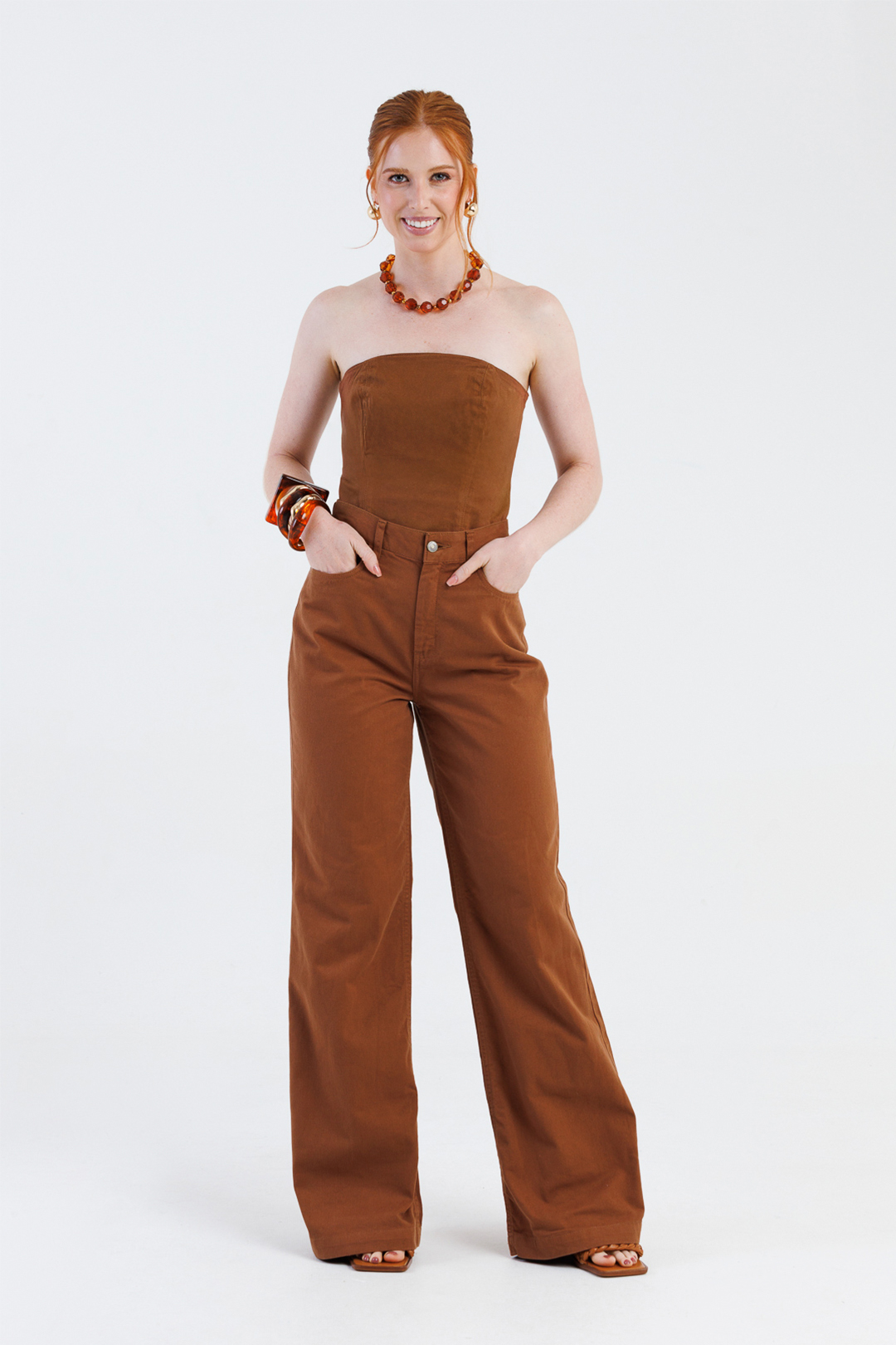 Calça Feminina Wide Leg Cintura Alta Marrom | ROCKSHAM