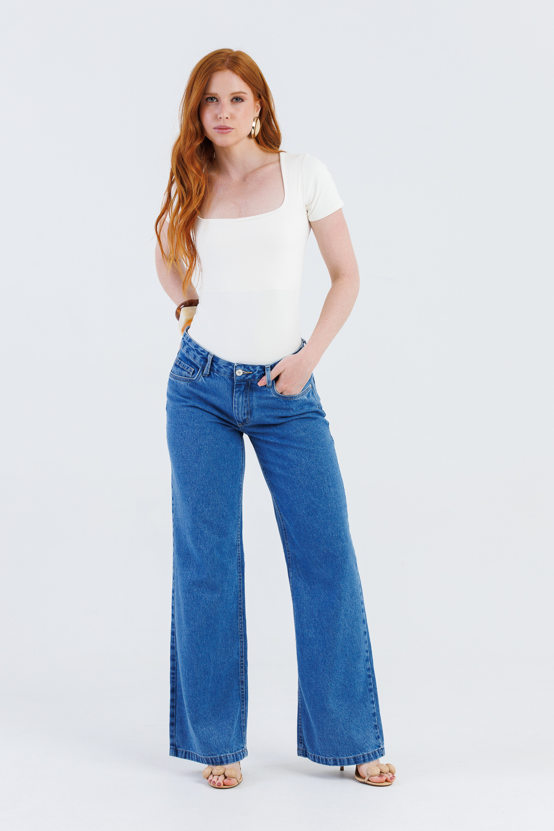 Calça Feminina Wide Jeans Cós Baixo Indigo Médio Rocksham 253048