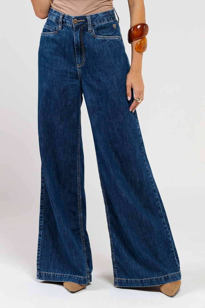 Calça Feminina Pantalona Jeans Índigo Escuro | ROCKSHAM